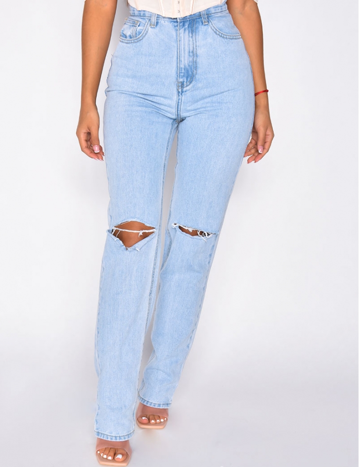 Jeans taille haute straight destroy