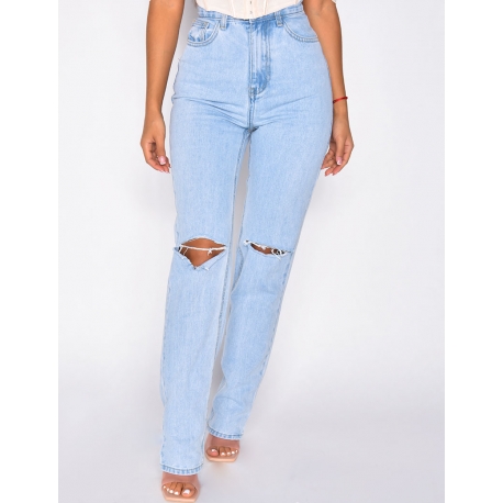 Jeans taille haute straight destroy