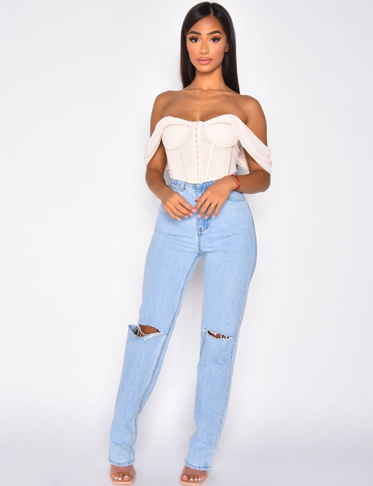 Jeans taille haute straight destroy