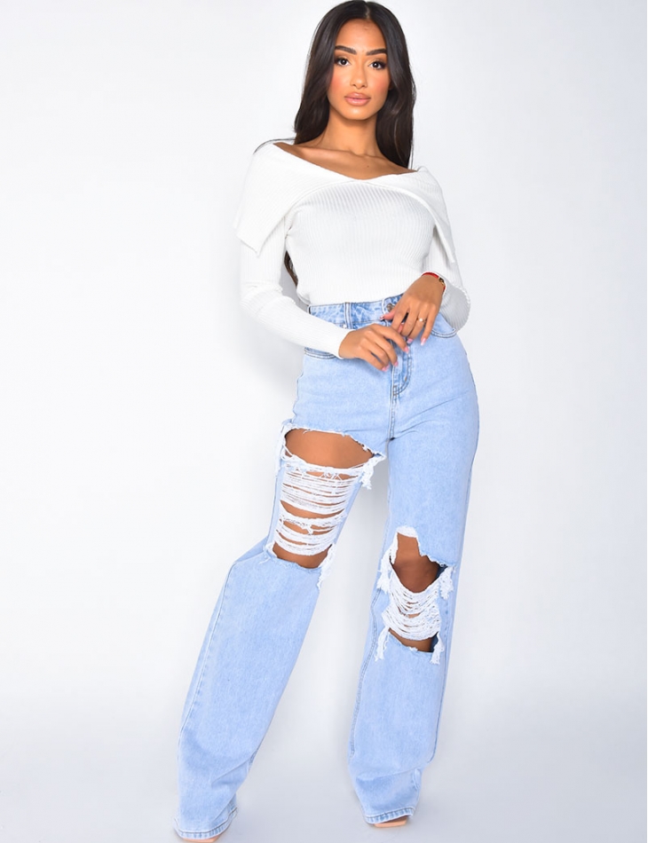 Jeans taille haute straight destroy