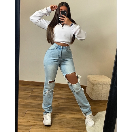 Jeans taille haute straight destroy