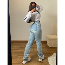 Jeans taille haute straight destroy