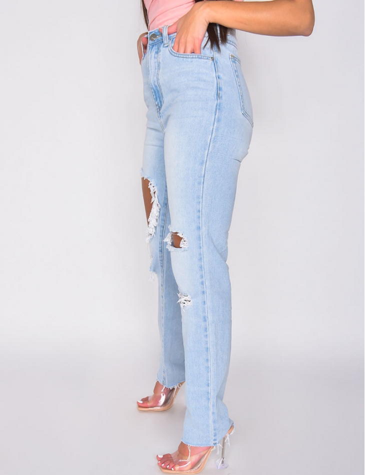 Jeans taille haute straight destroy