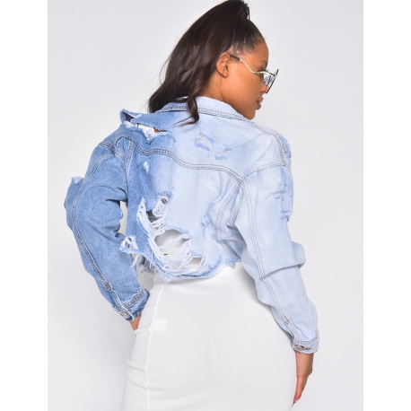 Kurze, zweifarbige Destroyed-Jeansjacke Kurze, zweifarbige Destroyed-Jeansjacke