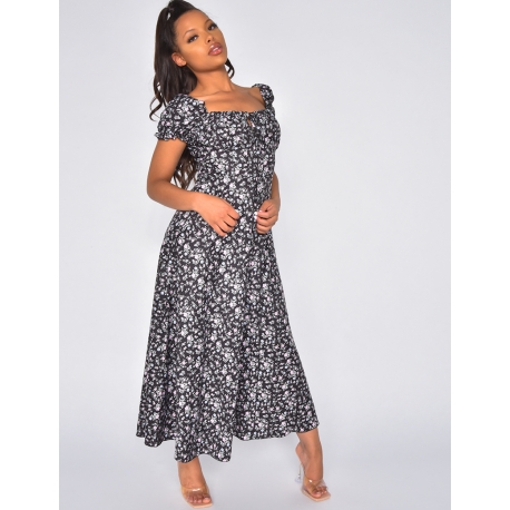Robe longue fendue a nouer motif fleur