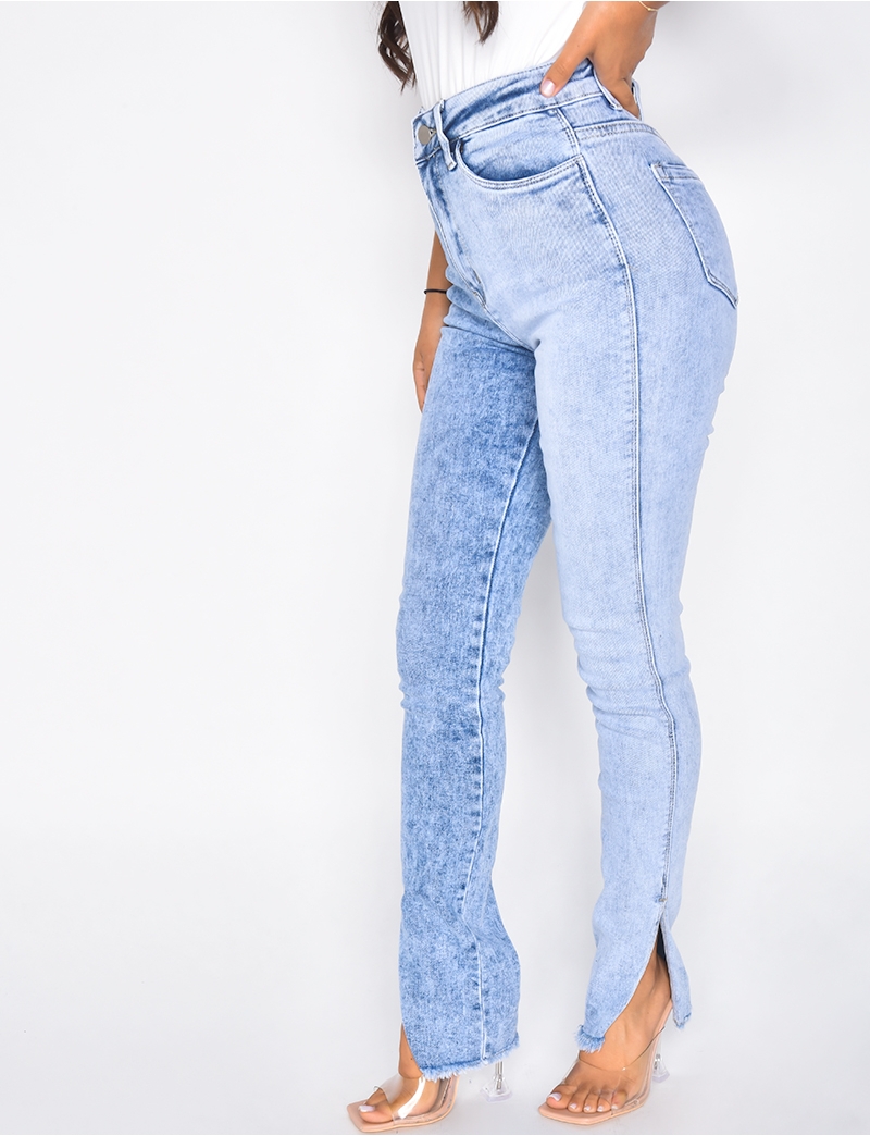 Pantalon Jean Fente Cheville Jeans Skinny Taille Haute Bi-color à
