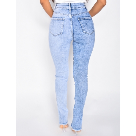 Jeans taille haute bi-color à fente