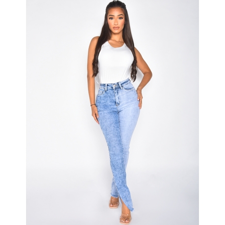 Jeans taille haute bi-color à fente