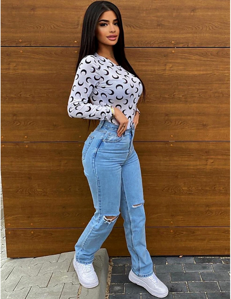 Jeans taille haute straight destroy