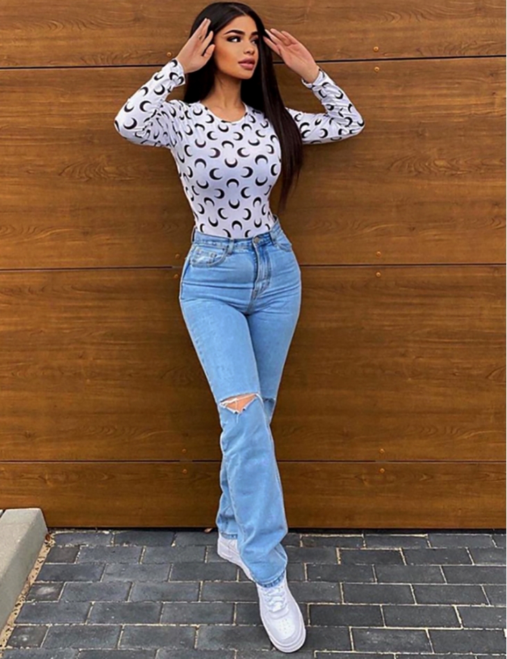 Jeans taille haute straight destroy