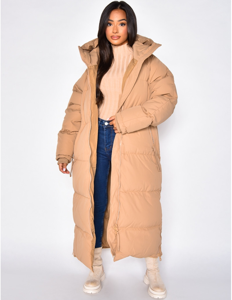 Doudoune longue à capuche avec zip sur les côtés