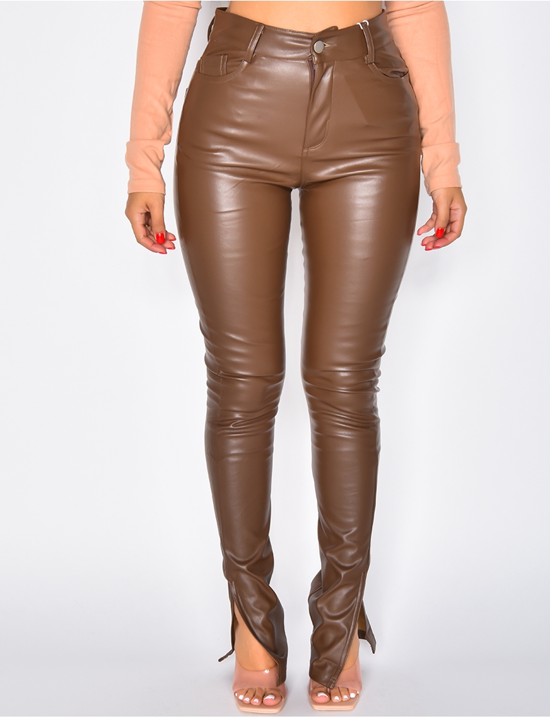 Cuir Camel Legging Simili Cuir A Fente Faux Leather Trousers With