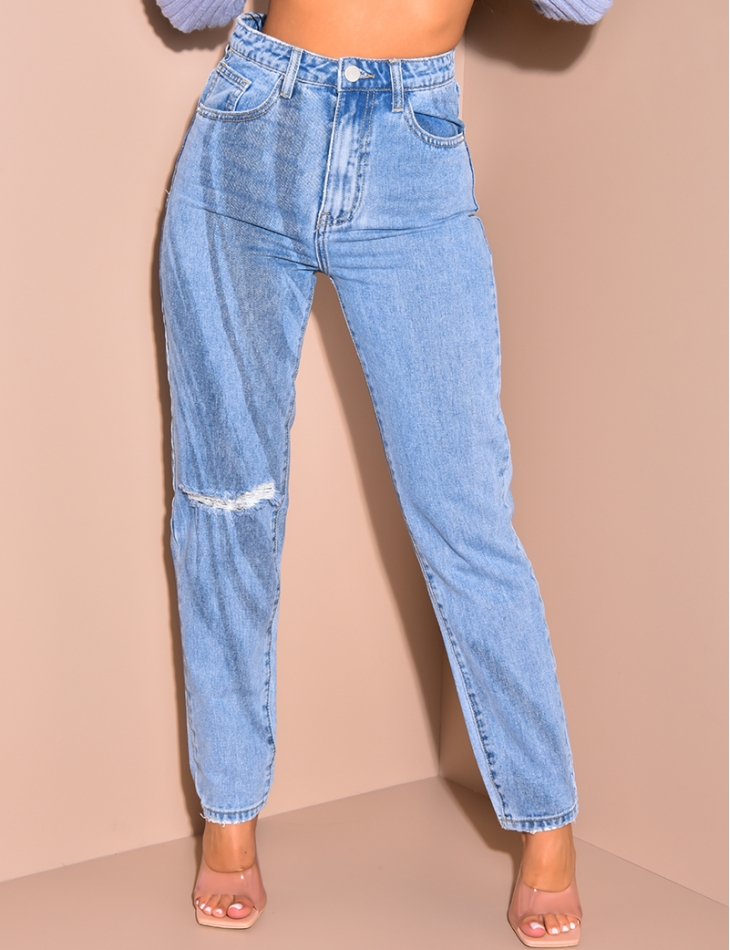 Jeans coupe droite taille haute destroy Jeans coupe droite taille haute destroy