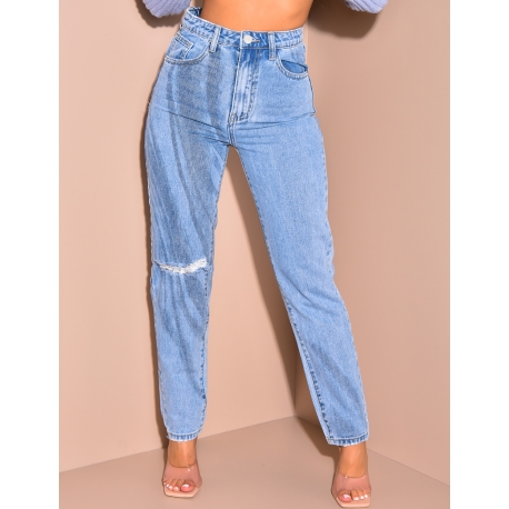 Jeans coupe droite taille haute destroy Jeans coupe droite taille haute destroy
