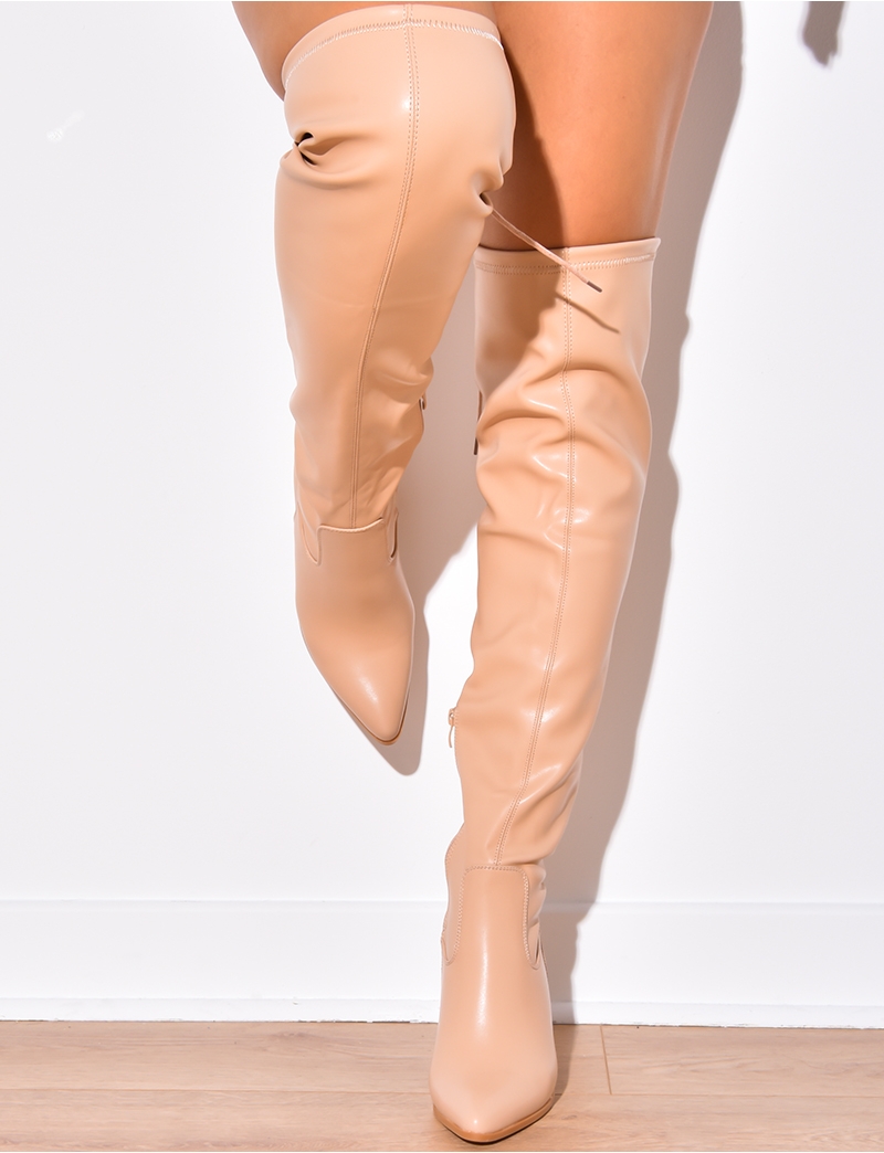 Faux Leather Heeled Thigh High Boots
