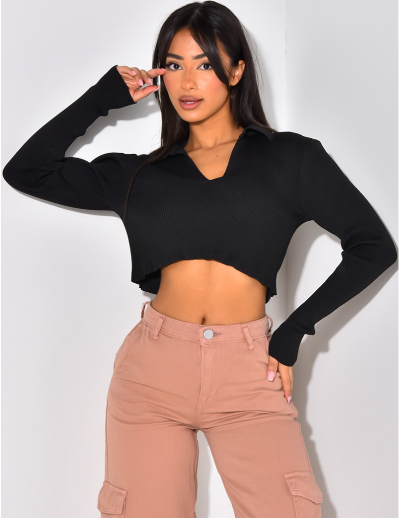 Long-Sleeved Ribbed Crop Top