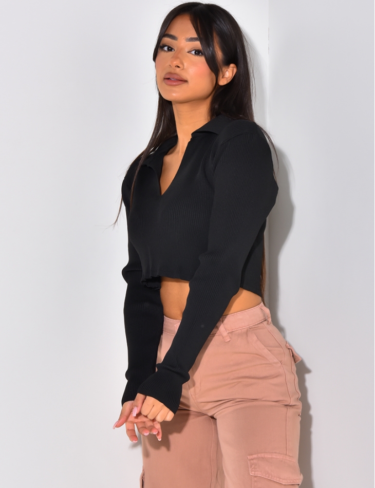 Crop-top manches longues côtelé