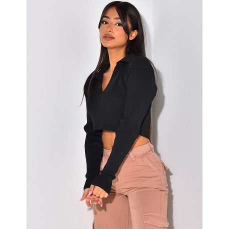 Crop-top manches longues côtelé