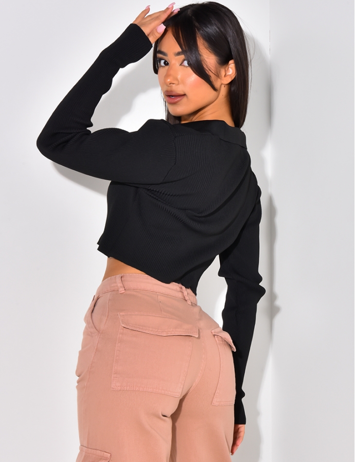 Crop-top manches longues côtelé