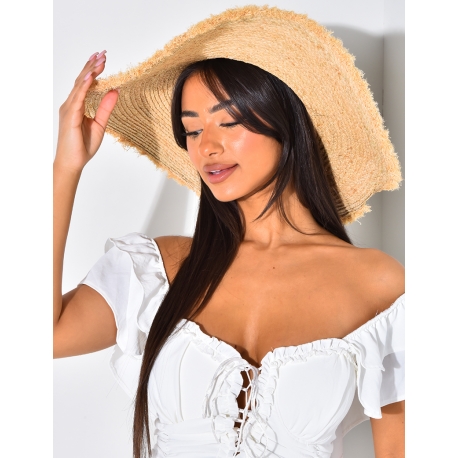 Frayed Straw Hat with Ribbon