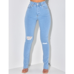 Jeans taille haute destroy à fente