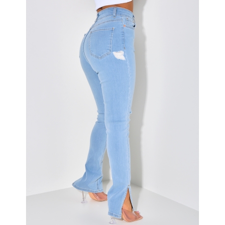 Jeans taille haute destroy à fente
