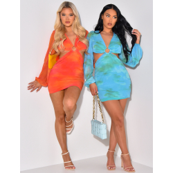 Robe courte ajourée manche bouffantes à anneaux Robe courte ajourée manche bouffantes à anneaux