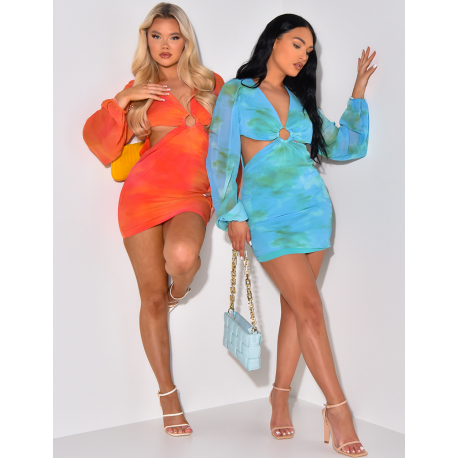 Robe courte ajourée manche bouffantes à anneaux Robe courte ajourée manche bouffantes à anneaux