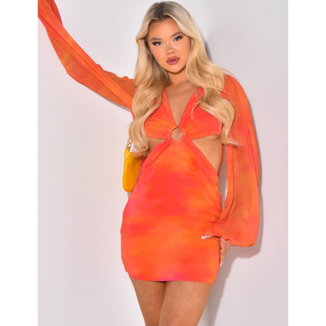 Robe courte ajourée manche bouffantes à anneaux Robe courte ajourée manche bouffantes à anneaux