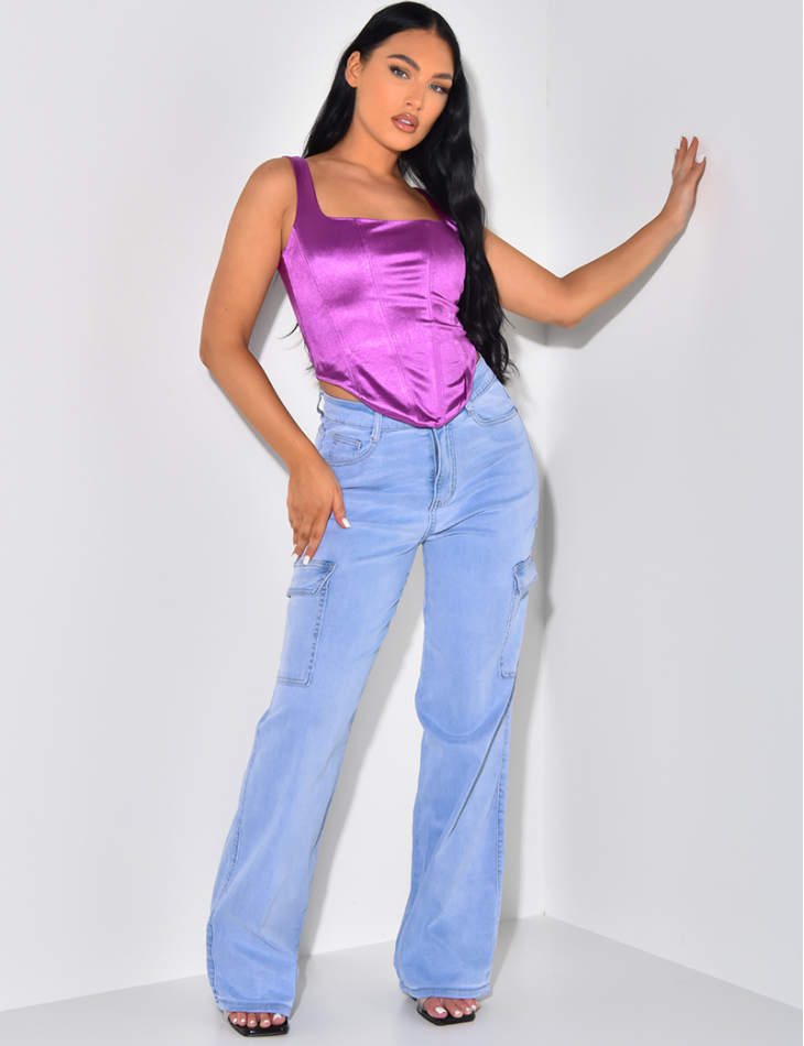 Crop-top en satin irisé effet corset