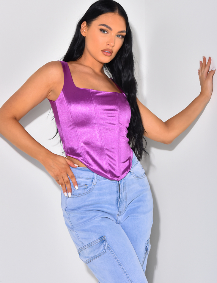 Crop-top en satin irisé effet corset