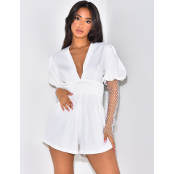 Combishort décoltée dos nu avec manches en strass Combishort décoltée dos nu avec manches en strass