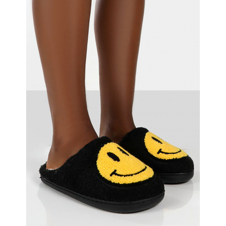 Pantoufles à smiley imprimé noir & jaune