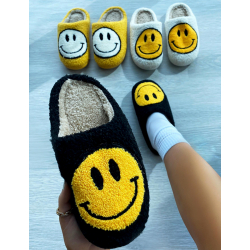Pantoufles à smiley imprimé noir & jaune