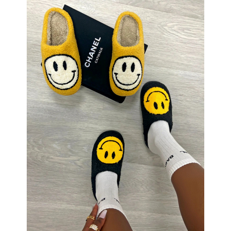 Pantoufles à smiley imprimé noir & jaune