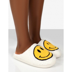Pantoufles avec smiley imprimé blanches