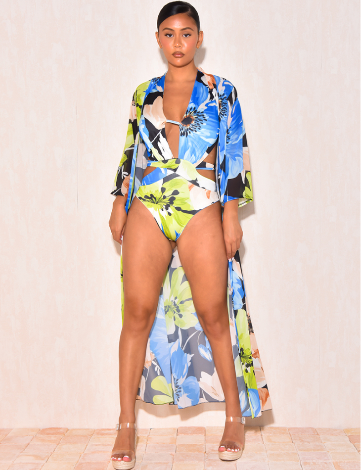 Ensemble de maillot de bain 1 pièces et kimono à fleurs Ensemble de maillot de bain 1 pièces et kimono à fleurs