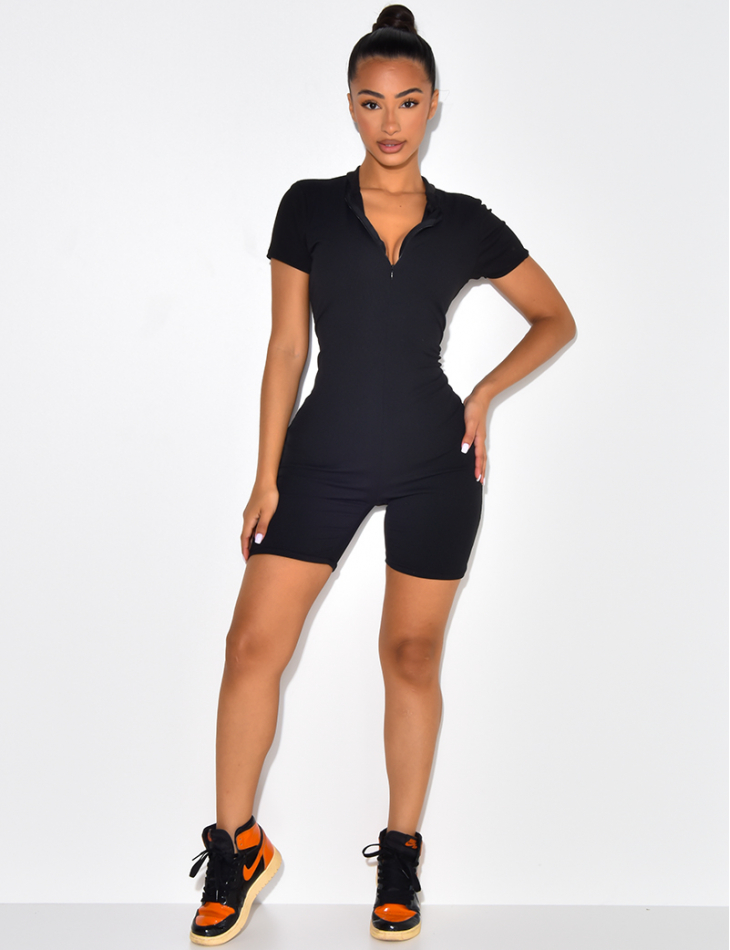 Robe côtelée manches courtes à zip