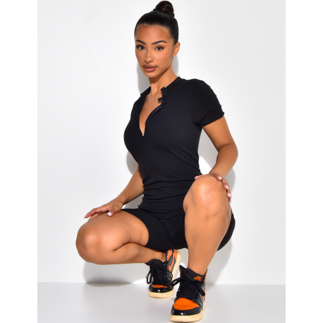 Robe côtelée manches courtes à zip