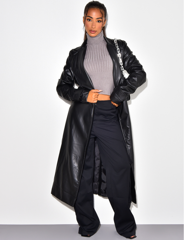Long vegan leather trench coat