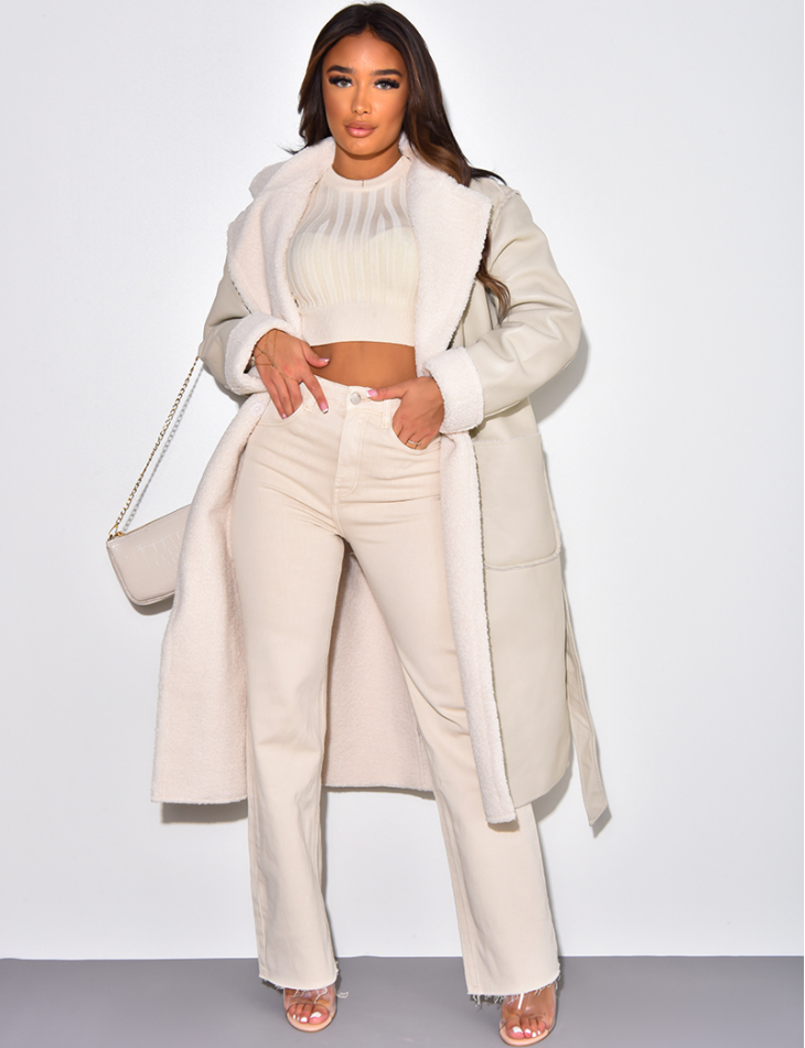 manteau simili cuir doublure polaire avec ceinture