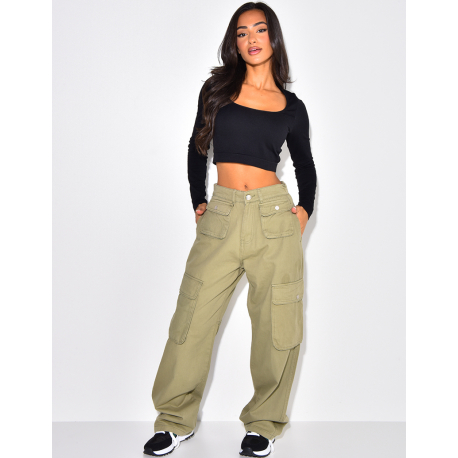 Jeans taille haute coupe droite à poches Jeans taille haute coupe droite à poches