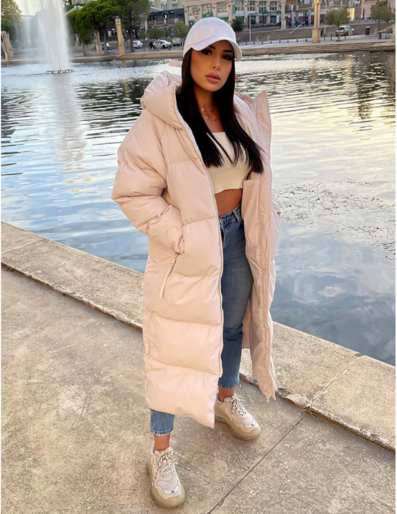 Doudoune longue à capuche avec zip sur les côtés