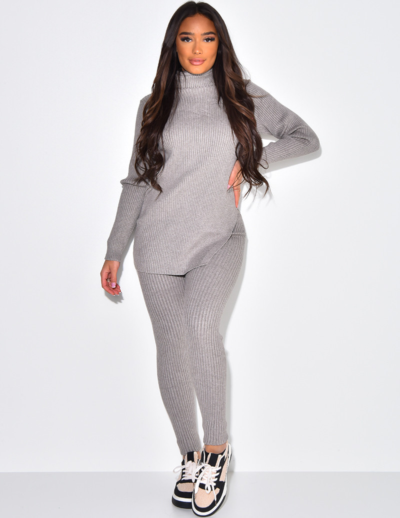 Ensemble pantalon et pull col roulé côtelé