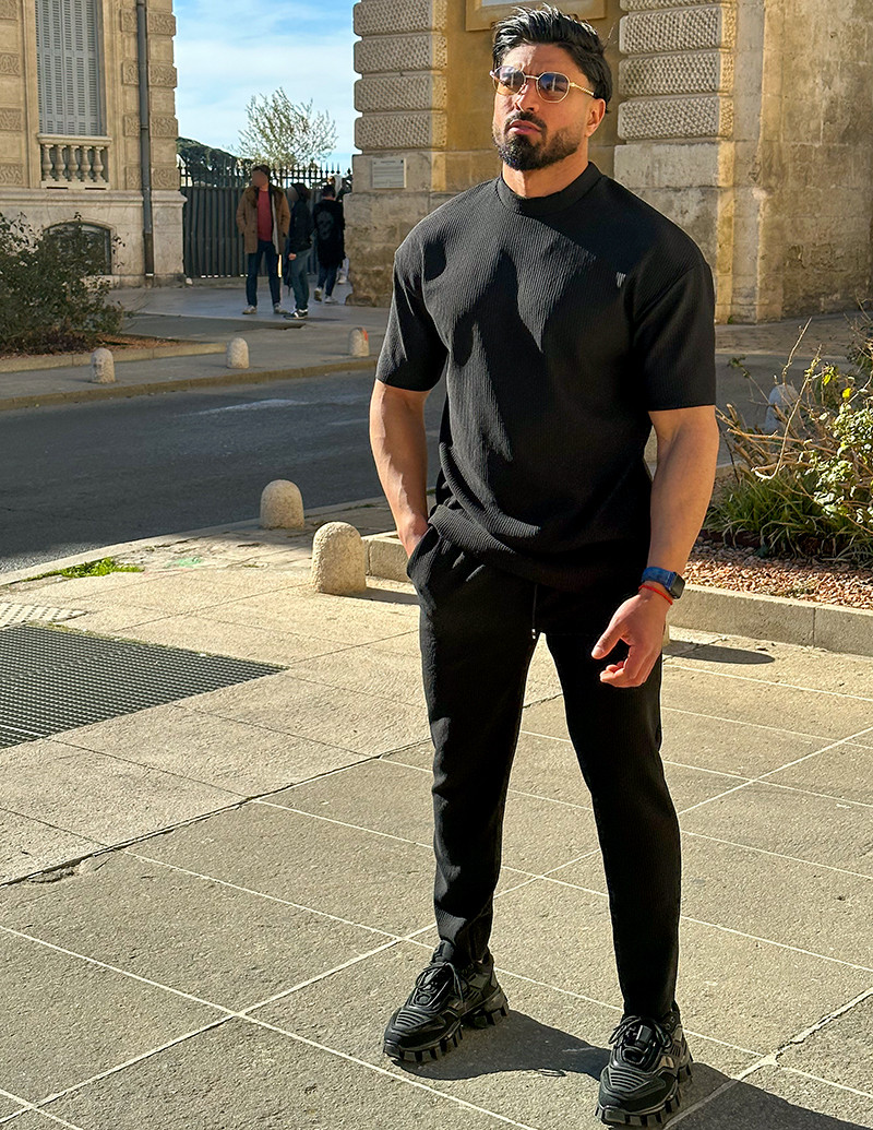 Ensemble pantalon et pull à col rond texturé