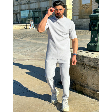 Ensemble pantalon et pull à col rond texturé