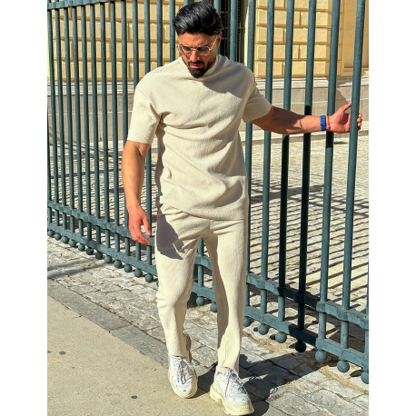 Ensemble pantalon et pull à col rond texturé