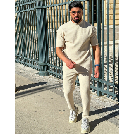 Ensemble pantalon et pull à col rond texturé