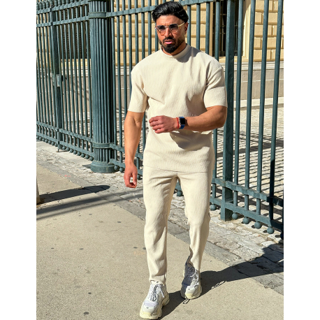 Ensemble pantalon et pull à col rond texturé