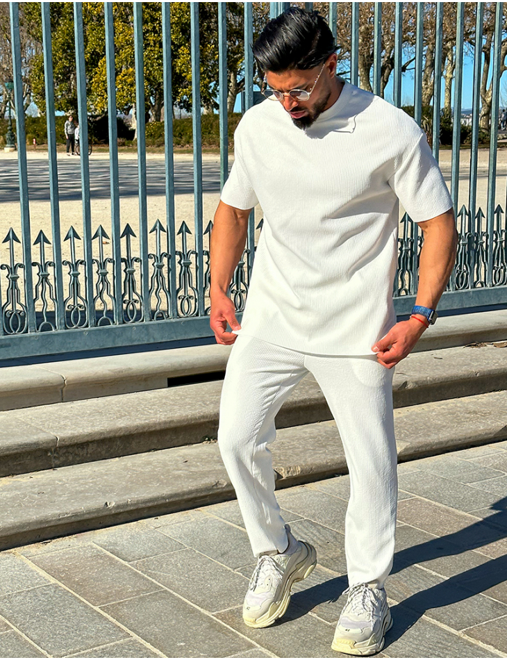 Ensemble pantalon et pull à col rond texturé